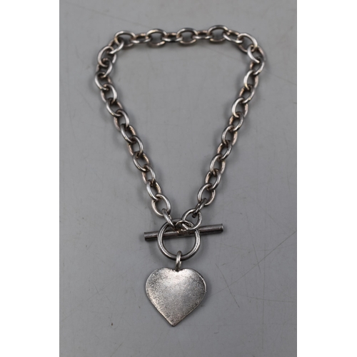 54 - Hallmarked Silver 925 Heart Bracelet with T Bar Clasp