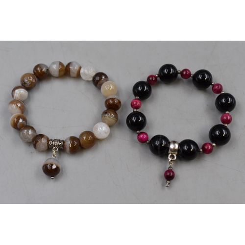 60 - Two Agate Beaded Bracelets, Includes Black and Purple, And Tigers Eye.