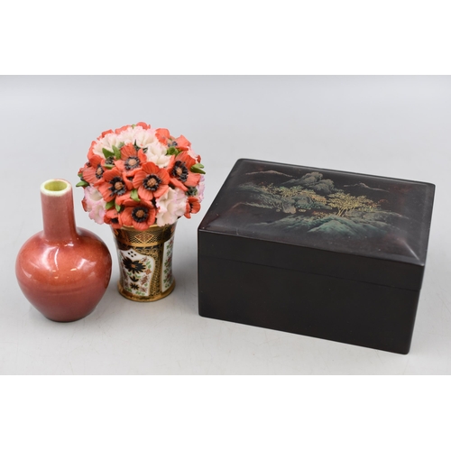 89 - A Japanese Lacquered Handpainted Trinket Box, With A Red Glazed Posy Vase and Miniature Flower Bouqu... 