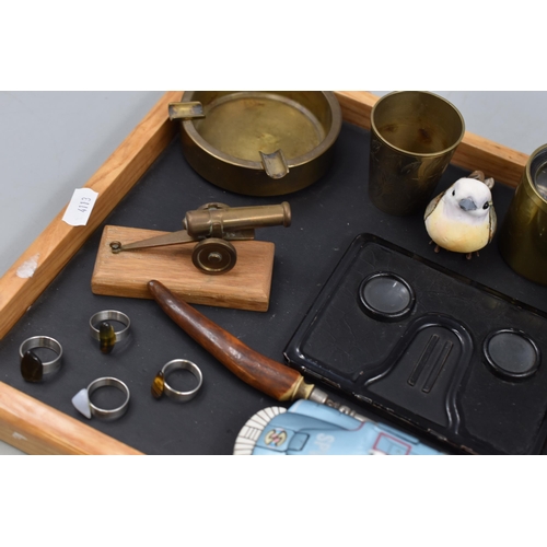 93 - Mixed Tray Includes CaptainScarlett SPV, Vintage Folding Stereoscope, Brassware, a Pair of Wood Moun... 