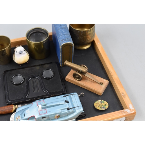 93 - Mixed Tray Includes CaptainScarlett SPV, Vintage Folding Stereoscope, Brassware, a Pair of Wood Moun... 