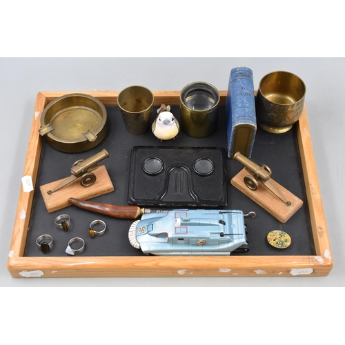 93 - Mixed Tray Includes CaptainScarlett SPV, Vintage Folding Stereoscope, Brassware, a Pair of Wood Moun... 