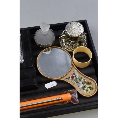 95 - A Mixed Selection of Collectables To Include Inkwell Set, Hand Mirror, Perfume Bottle and More.