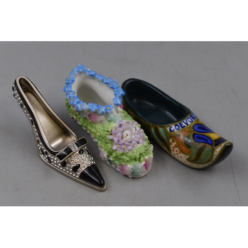 105 - Three Miniature Shoes. Includes Coevorden, Floral Porcelain and Juju Palais Royal