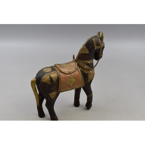 122 - An Indian Hand Carved Wooden Horse, With Copper and Brass Detailing. Approx 8