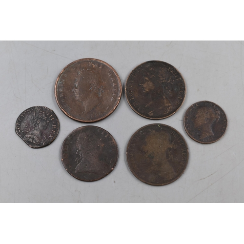 139 - Selection of Six Copper Coins including George IV Penny, George III Farthing, Victoria 1882 and More