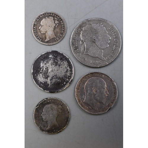 142 - Five Silver Coins including 1872 Sixpence, 1839 Groat, 1883 Threepence, 1816 Shilling and 1902 Sixpe... 