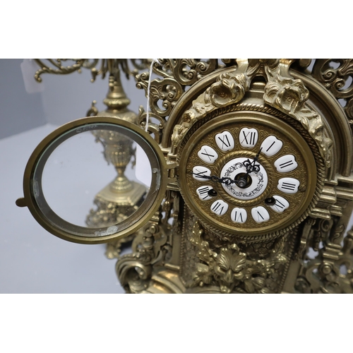 290 - An Antique 19th Century Ornate French Brass Mantle Clock, With German Movement and Key (Approx 24