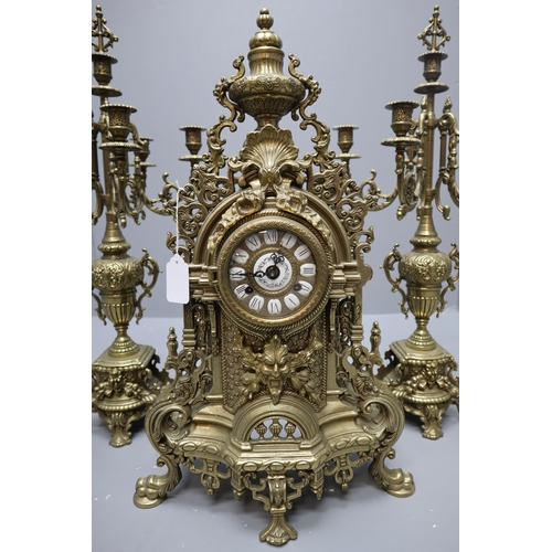 290 - An Antique 19th Century Ornate French Brass Mantle Clock, With German Movement and Key (Approx 24