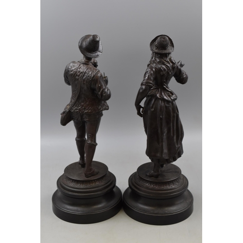 195 - A Pair of Metal Bronze Effect Statues Depicting Tudor Male and Female, On Plinths. Approx 14.5