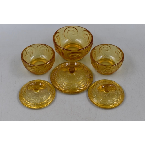 198 - Complete Seven Piece Vintage Art Deco Bagley Amber Glass Vanity Dressing Table Set, to Include Two C... 