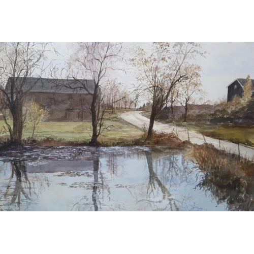 320 - Original Signed Watercolour of Country Scene entitled Reflections and dated 1979 in Edwardian Oak Fr... 