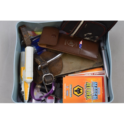 347 - Small Tin of Collectables to include Darts in Case, Voice Recorder Pen, Match Attack Cards and more