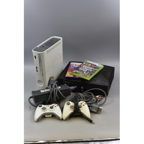 454 - Two Xbox Consoles With Controllers and a Couple of Games Untested Sold as Parts