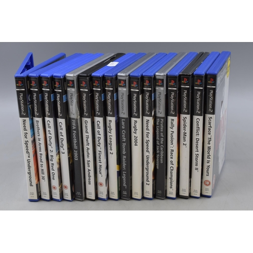 456 - A Selection of Sixteen PlayStation 2 Games. Includes GTA San Andreas, Spider-Man 2, Lara Croft Tomb ... 