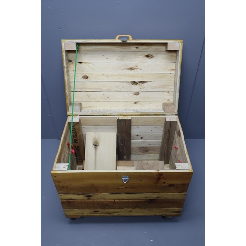 500 - LARGE Hand Made Solid Pine Lidded Storage Chest on Castors complete contents approx 30