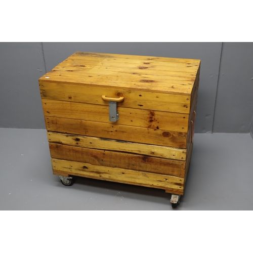 500 - LARGE Hand Made Solid Pine Lidded Storage Chest on Castors complete contents approx 30