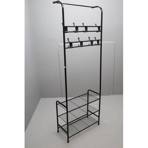 492 - A Black Metal Coat Stand/Shoe Rack. Three Tier Shoe Rack, With Sixteen Coat Hooks. Approx 71.5