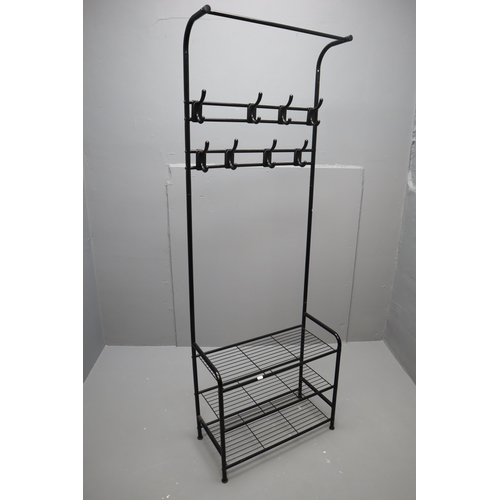 492 - A Black Metal Coat Stand/Shoe Rack. Three Tier Shoe Rack, With Sixteen Coat Hooks. Approx 71.5