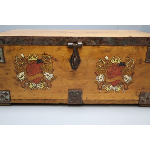 520 - Nice Quality Vintage Hand Made Wooden Chest decorated with Hand drawn Skulls, Hearts and Bird of pre... 