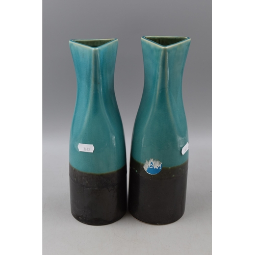 617 - Pair of Retro Style Blue Mountain Drip Glaze Vases with Triangle Mouth Approx 11