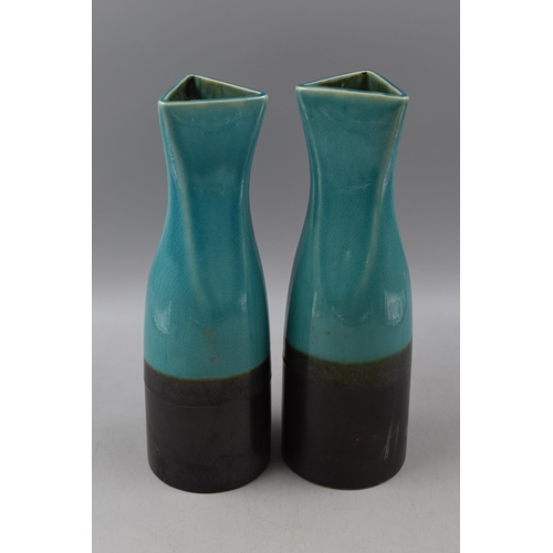 617 - Pair of Retro Style Blue Mountain Drip Glaze Vases with Triangle Mouth Approx 11