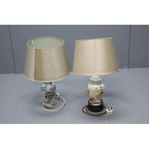 619 - Two Oriental Style Porcelain Lamps Standing on Wooden Plinths Complete with Shades (Working) Tallest... 