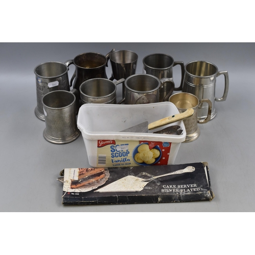 636 - A Mixed Selection To Include Pewter Tankards, Goblet And Silver Plated Cutlery.