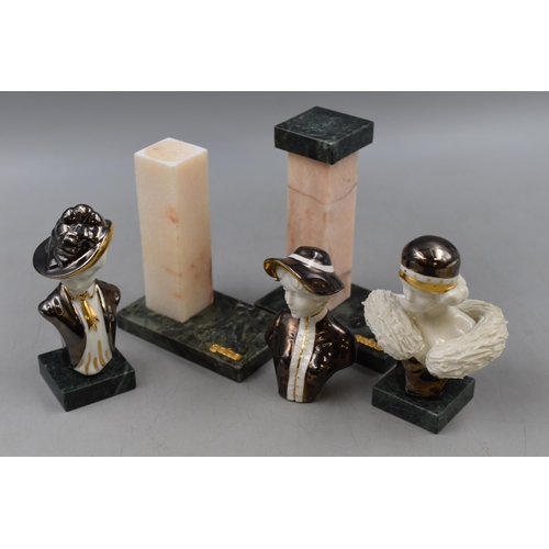 637 - A Selection of Three Galos Art Deco Porcelain Female Busts, With Two Galos Marble Plinths. Two of Th... 