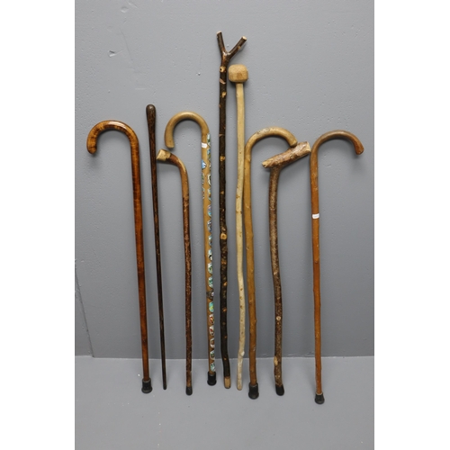 542 - Selection of 8 Vintage Walking Sticks and a Thumb Staff