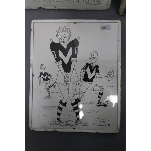 646 - Selection of Six Small and Two Large Hand Drawn Satirical Rugby Sketches from 1987. Glass and Clip F... 