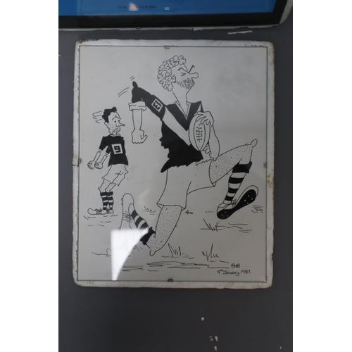 646 - Selection of Six Small and Two Large Hand Drawn Satirical Rugby Sketches from 1987. Glass and Clip F... 