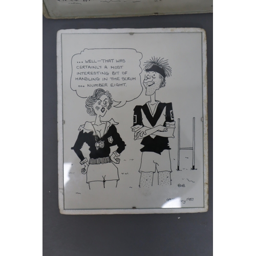 646 - Selection of Six Small and Two Large Hand Drawn Satirical Rugby Sketches from 1987. Glass and Clip F... 