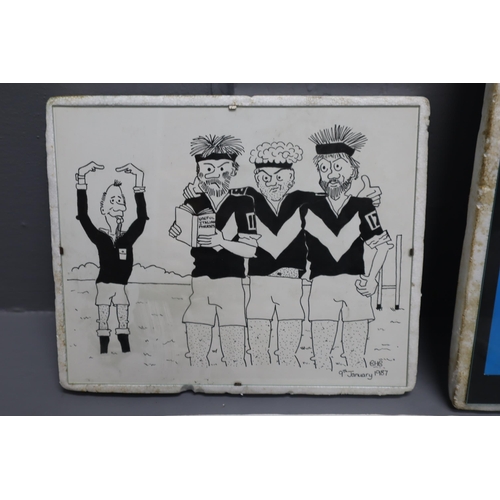 646 - Selection of Six Small and Two Large Hand Drawn Satirical Rugby Sketches from 1987. Glass and Clip F... 