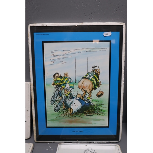 646 - Selection of Six Small and Two Large Hand Drawn Satirical Rugby Sketches from 1987. Glass and Clip F... 