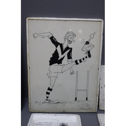 646 - Selection of Six Small and Two Large Hand Drawn Satirical Rugby Sketches from 1987. Glass and Clip F... 