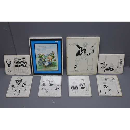 646 - Selection of Six Small and Two Large Hand Drawn Satirical Rugby Sketches from 1987. Glass and Clip F... 