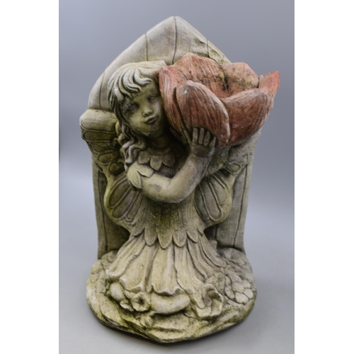 562 - A Concrete Fairy Garden Bird Bath, Depicts Fairy Holding Flower. Approx 16