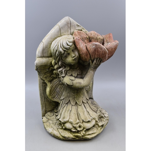 562 - A Concrete Fairy Garden Bird Bath, Depicts Fairy Holding Flower. Approx 16