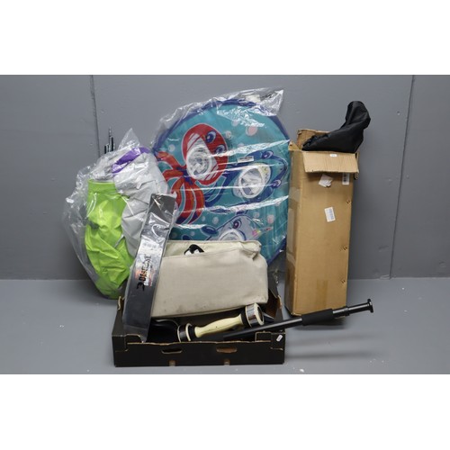 682 - Selection of Sporting equipment including Golf Practice Net, Pop up Target, Pull Up Bar, Tent, Rolle... 