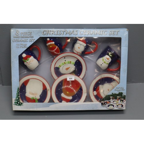 599 - Boxed Vintage Eight Piece Hand painted Christmas Ceramic Gift 1 plate has slight chip Set