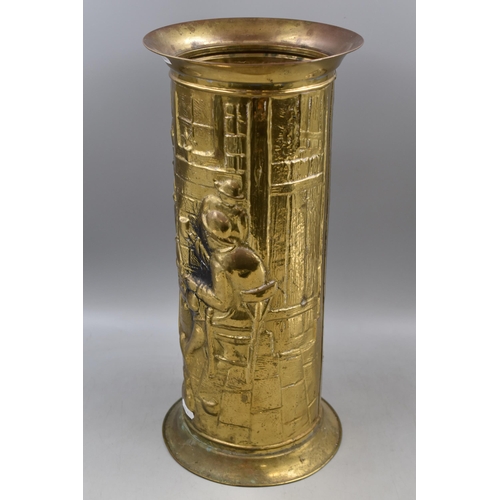 281 - Large Brass Umbrella Stand Displaying Tavern Scene (18