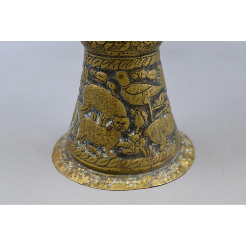 283 - Antique Middle Eastern Hand Beaten Copper Urn Vase Decorated with Detailed Hunting Scenes approx 12