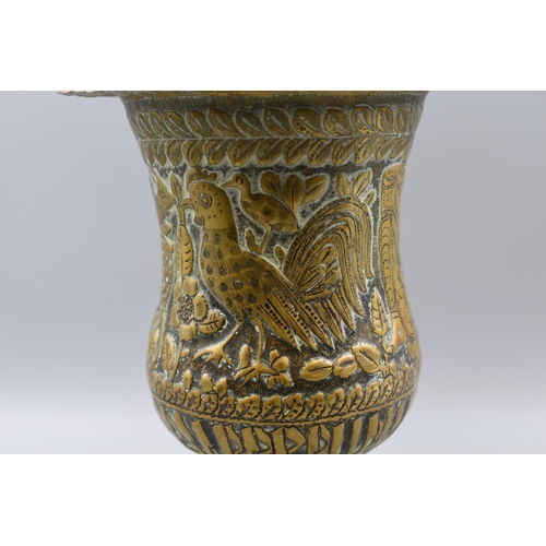 283 - Antique Middle Eastern Hand Beaten Copper Urn Vase Decorated with Detailed Hunting Scenes approx 12