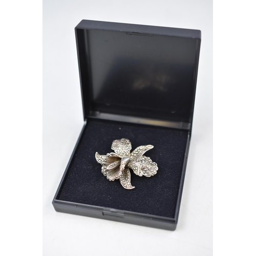 31 - Silver Marcasite Floral Brooch Complete with Presentation Box