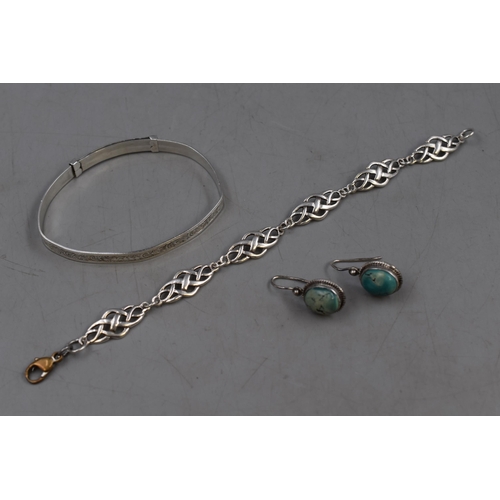 57 - Hallmarked Birmingham Silver adjustable Bracelet, Pair of Silver 925 Turquoise Earrings and a Sterli... 