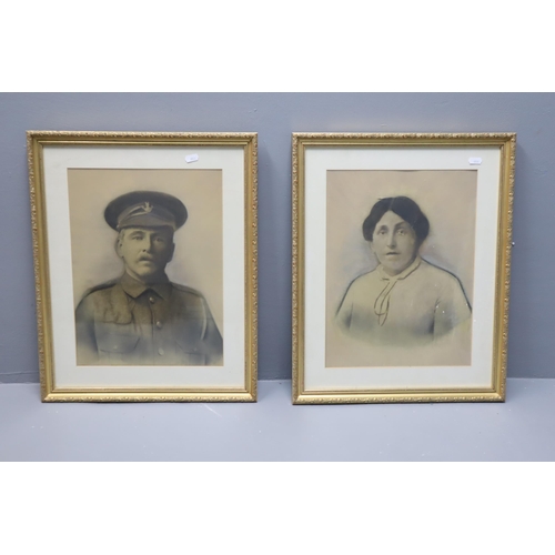 329 - A Pair of Vintage Framed and Glazed Watercolour Portraits, Depicts Early 1900's Couple. Both Approx ... 