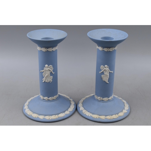 96 - Pair of Wedgwood Jasperware Candlesticks in Original Box Complete with Certificate