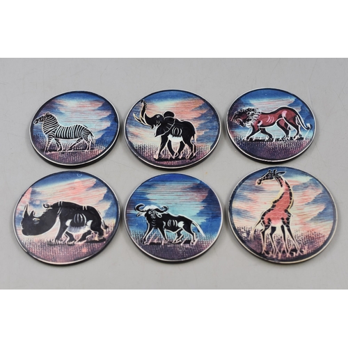 112 - Hand Carved African Soapstone Safari Themed Coasters Set and Holder, Animals include Giraffe, Rhino,... 