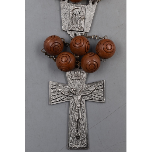 115 - Large Maltese Carved Wooden Rosary Beads with White Metal Crucifix (52